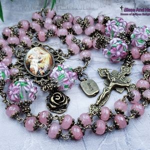 Mother Mary w Jesus Pink Jade Flowers Rosa…